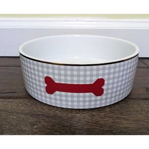 Wit & Delight Ceramic Pet Bowl Gray Gingham Red Dog Bone Gold Rim New Target